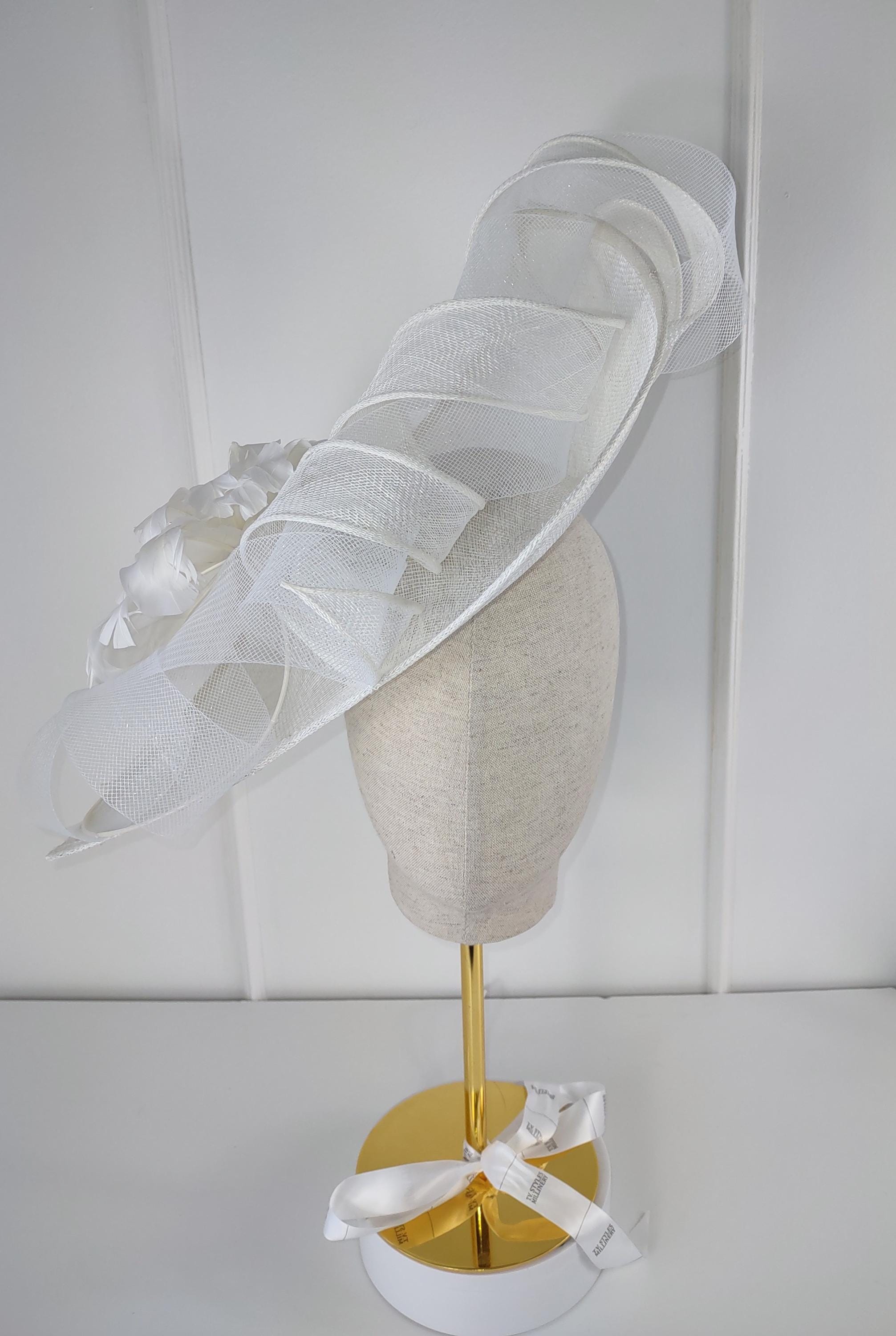 White Sinamay Fascinator: Feather Flower Hatinator, Bridal 