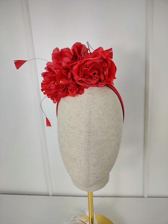 Red Kentucky Derby Rose Sinamay Headband Fascinator | Floral Statement Headpiece Kentucky Derby Hat Fascinator Red Burgundy Wine Sinamay  main image 3