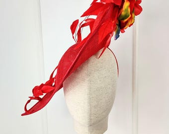 Red Sinamay Fascinator: Kentucky Derby Hat with Feather Flower