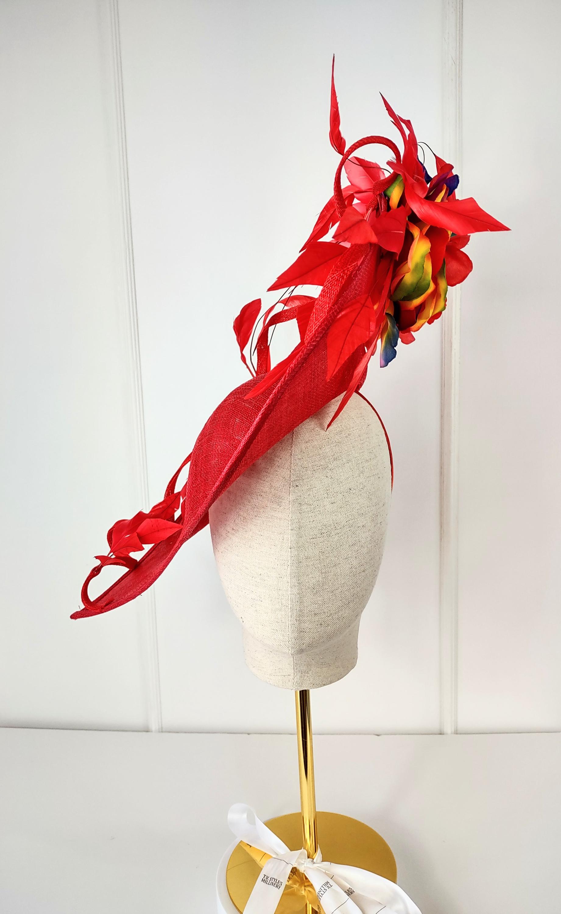 Red Sinamay Fascinator: Kentucky Derby Hat With Feather  display picture 3