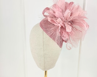 Mauve Pink Sinamay Fascinator Hat, Feather Flower Bow Headpiece, Wedding Ascot Race Day, Derby