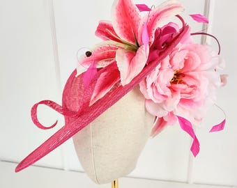 Pink Straw Hatinator, Flower and Feather Trim, Brim Occasion Hat