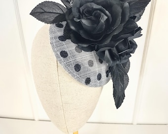 Polka Dot, Black and White Straw Hat, Kentucky Derby, Race Day Hat