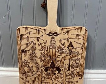 Louisiana themed, Woodburned charcuterie board, spalted maple, cutting board with handle, wedding gift