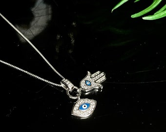 Hamsa Necklace with Evil Eye in 925Sterling Silver/ Gift/all ages/Birthday/Graduation/Christmas/Protection/Religious