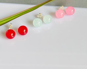 10mm Round Natural Multicolor Jade  925 Sterling Silver Stud Earrings / Gifts for Her / Bridesmaid /Xmas / Valentines / Birthday