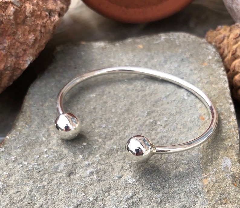 Cuff Bracelet in 925 Sterling Silver with 10 mm Ball ends Free Size Gifts Unisex Birthday Anniversary Xmas