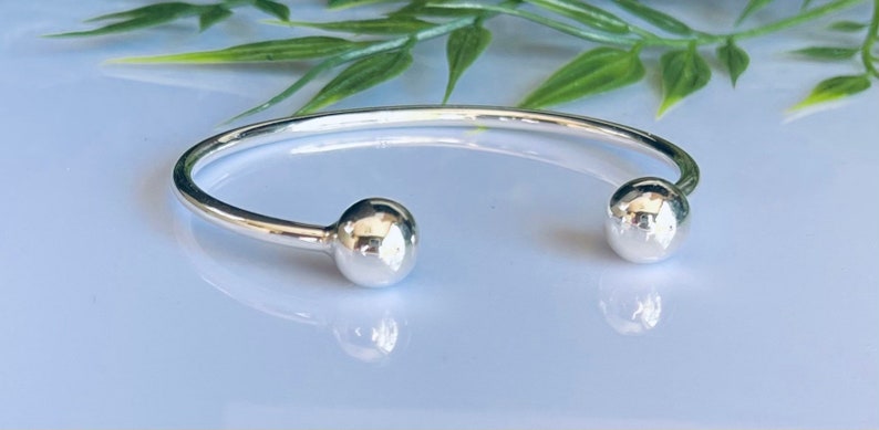 Cuff Bracelet in 925 Sterling Silver with 10 mm Ball ends Free Size Gifts Unisex Birthday Anniversary Xmas