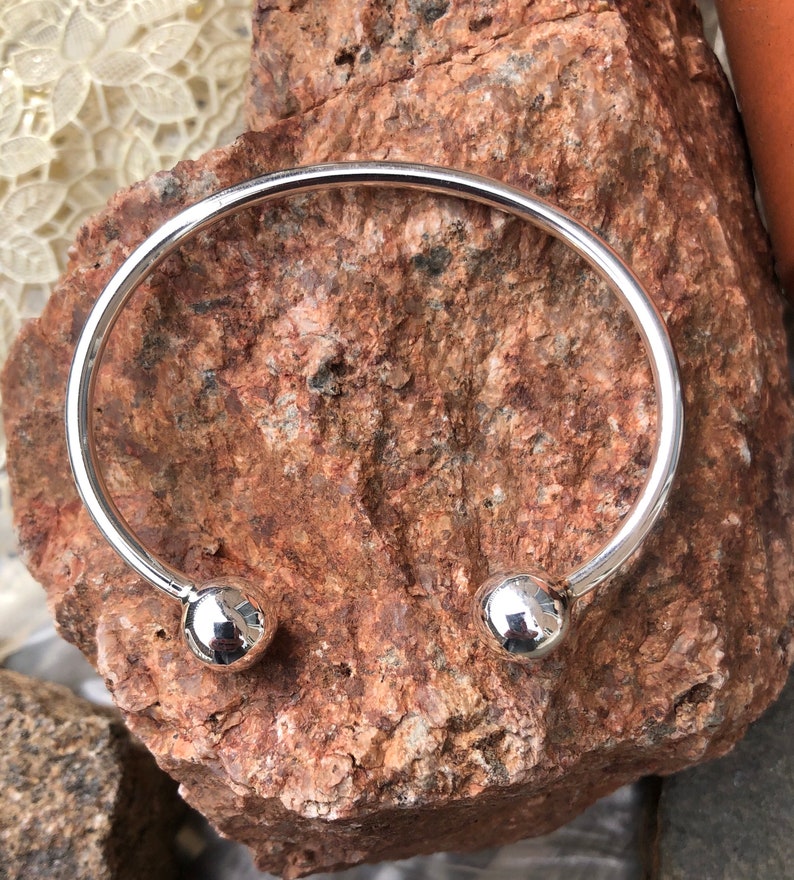 Cuff Bracelet in 925 Sterling Silver with 10 mm Ball ends Free Size Gifts Unisex Birthday Anniversary Xmas