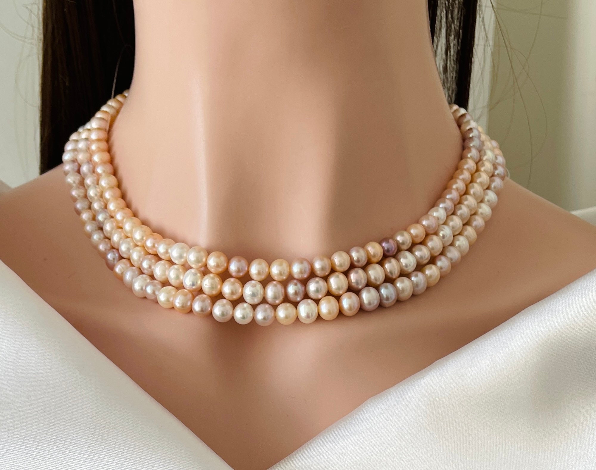 TATIANA☆Classy Fresh Water Pearl Necklace Gorgeous 3 Strand Genuine Freshwater Pearl Necklace in 925