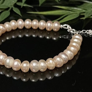 Genuine Freshwater Peach Pearl Bracelet 8 mm in 925 Sterling Silver / Gifts for Her/ Wedding/Anniversary / Birthday / Graduation/Bridesmaid