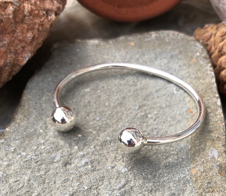 Cuff Bracelet in 925 Sterling Silver with 10 mm Ball ends Free Size Gifts Unisex Birthday Anniversary Xmas
