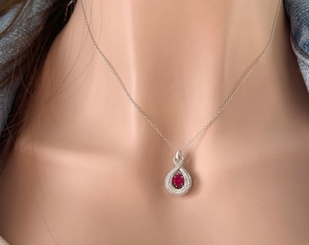 Elegant Pendant with Ruby Crystal And CZ Sterling Silver 925 with Chain  / Gifts for Her / Birthday / Anniversary / Graduation