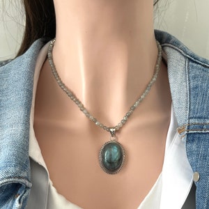 Gorgeous Labradorite Necklace with Oval Pendant  in Sterling Silver/Gifts for Her /Xmas Gift/ValentinesAnniversary