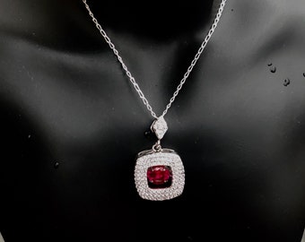 Elegant Pendant with Dancing Ruby Crystal And CZ Sterling Silver 925 with Chain  / Gifts for Her / Birthday / Anniversary / Graduation
