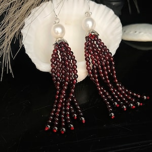 Beautiful Garnet Tassle Earrings with Pearls in 925 Sterling Silver/Gifts/February/Birthday/Anniversary/Valentines/ Mothers Day/Christmas
