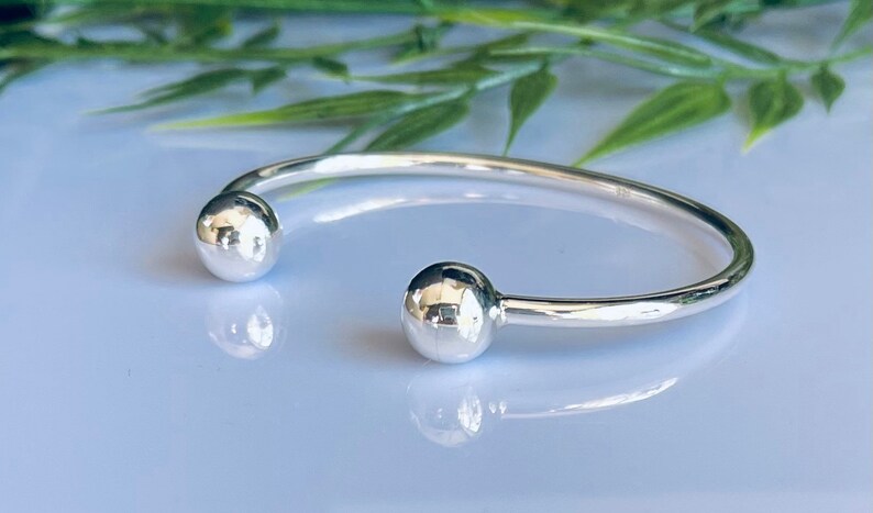 Cuff Bracelet in 925 Sterling Silver with 10 mm Ball ends Free Size Gifts Unisex Birthday Anniversary Xmas