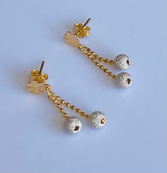 Cute Dangle Ball Earrings in Solid 22K Gold Two Tone
