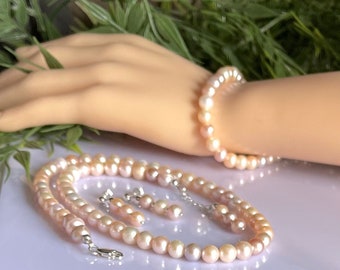 Genuine Freshwater Peach Pearl Necklace with Earrings & Bracelet in 925 Sterling Silver/Wedding/Anniversary/Birthday/Christmas/Valentines