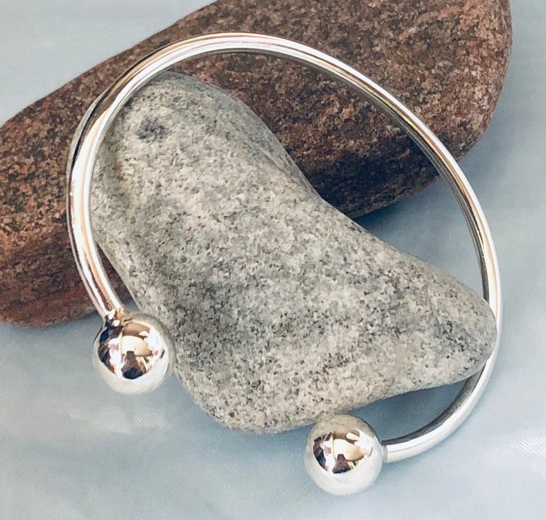 Cuff Bracelet in 925 Sterling Silver with 10 mm Ball ends Free Size Gifts Unisex Birthday Anniversary Xmas