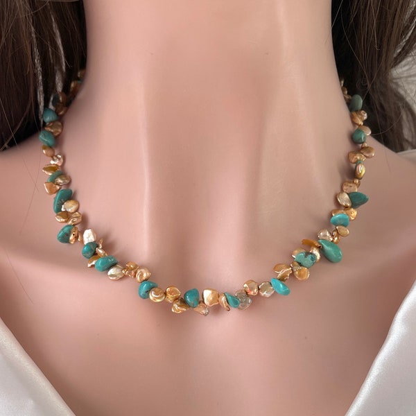 Genuine Turquoise and Cornflake Gold Keisha Pearls  Statement Necklace 14K Goldfilled/Gift/Anniversary/Christmas/Valentine/Mothers Day/20 in