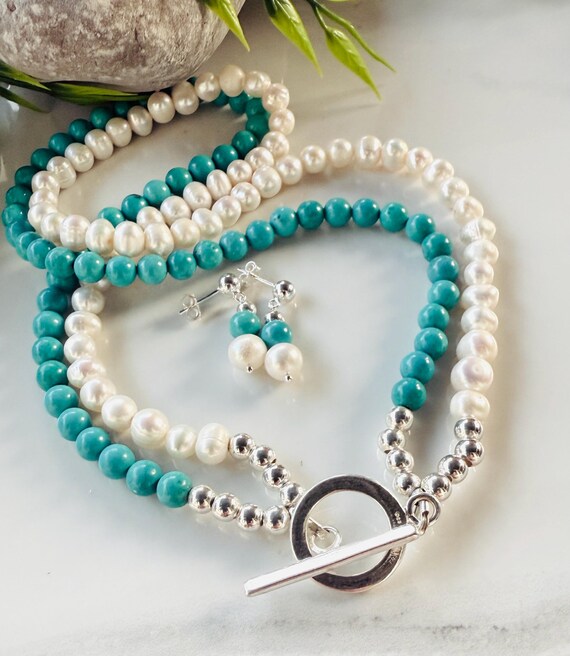 Two Strand Turquoise and Freshwater Pearl Necklace in 925 Sterling
