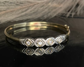 Two Tone Vintage Cuff Bracelet Real Diamonds in Solid 14k Yellow and White Gold/Gifts for Her /Christmas/Valentines/Birthday/Graduation/