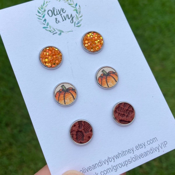 Fall Stud Set, Pumpkins Studs, Small Fall Earrings, Maroon Studs, Orange Glitter Studs, 10mm Fall Studs, Pumpkin Earrings, Glitter Studs