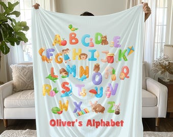 Custom Alphabet Blanket, Personalized Kids Blanket, Soft Kids Throw, Baby Name Blanket, ABC Animal Nursery Gift, Colorful Baby Name Blanket