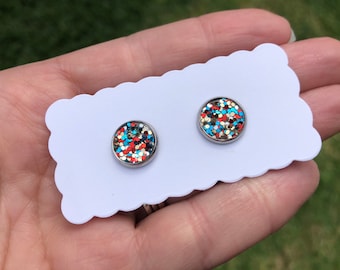 4th of July Earrings, Red White Blue Earrings, Glitter Stud Earrings, Small Patriotic Earrings, Fourth of July Jewelry, 4th of July Glitter