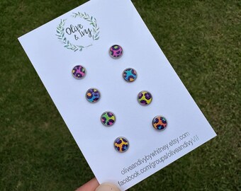Neon Leopard Studs, Animal Print Earring Set, Little Girl Earring Gift, Small Stud Earrings, Cheetah Studs, 6mm Neon Tiny Studs, Rainbow
