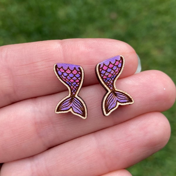Mermaid Stud Earrings, Wood Ocean Studs, Mermaid Tail Stud Earrings, Small Ocean Animal Earrings, Purple Pink Mermaid Tail Earrings