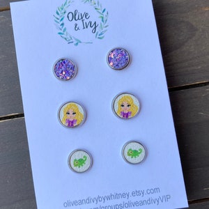 Princess Stud Earring Sets, Glitter Stud Earrings, Princess Earrings, Little Girl Studs, Colorful Glitter Studs, Small Stud Earrings