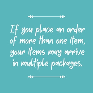 May include: A square teal graphic with white text that reads: If you place an order of more than one item, your items may arrive in multiple packages. The text is centered between two decorative white horizontal lines with leaf-like accents.