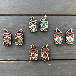 Christmas Stud Earrings, Gnome Earrings, Christmas Gnomes, Wood Stud Earrings, Winter Gnome Stud, Santa Gnome Studs, Christmas Earrings