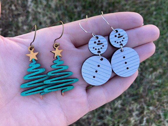 OliveIvyDesignCo Christmas Tree Earrings Wood Christmas Earrings Christmas Star Earrings Wood Earrings Christmas Earring Sparkly Christmas Earrings