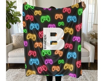Video Game Blanket, Personalized Kids Blanket, Cool Boy Name Blanket, Tween Boy Gift, Black Gamer Initial Blanket, Neon  Controller Blanket