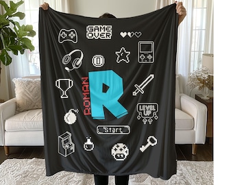 Custom Video Game Blanket, Personalized Kids Blanket, Soft Kids Throw, Cool Boy Name Blanket, Tween Boy Gift, Black Gamer Initial Blanket