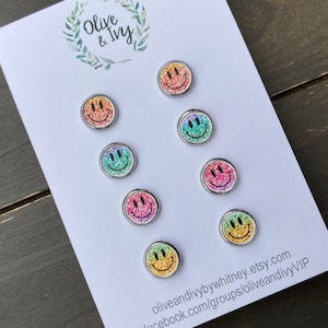 Smile Stud Earrings, Small Pink Stud, 8mm Stud Earrings, Happy Face Earring, Little Girl Gift, Small Earring Set, Colorful Earring