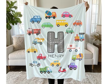Benutzerdefinierte Fahrzeuge Decke, personalisierte Kinderdecke, weicher Kinderwurf, Baby Namensdecke, Autos LKW-Kinderzimmergeschenk, ursprüngliche Namensdecke