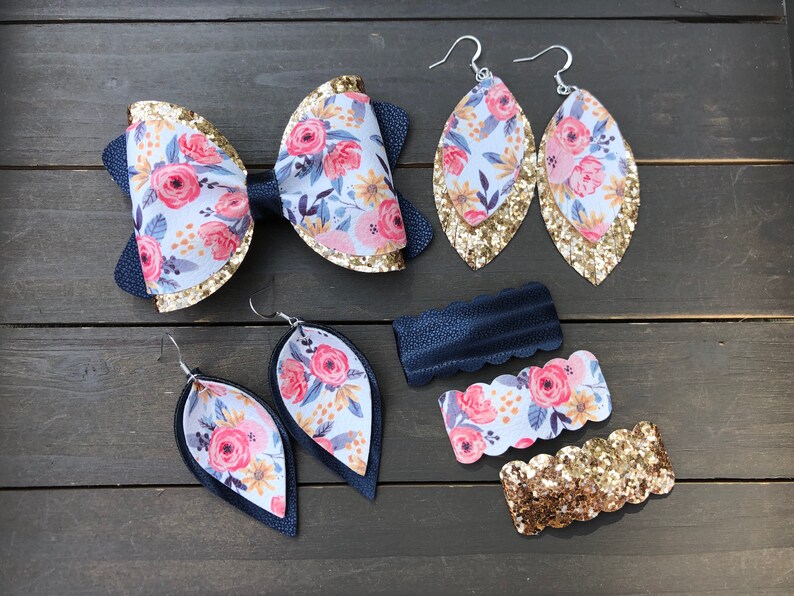 Large Double Layered Bow Mommy and Me Set Large Pink Navy Snap Clip Set Gold Floral Collection Floral Earrings