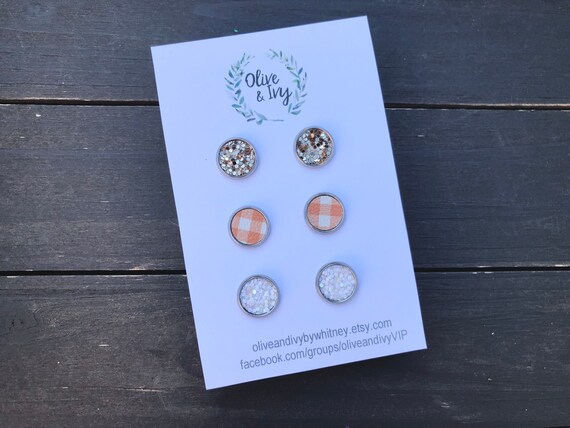 Fall Stud Earrings | Small Fall Earrings | Faux Leather Stud Earrings | Gold Glitter, White Glitter, Orange and White Plaid