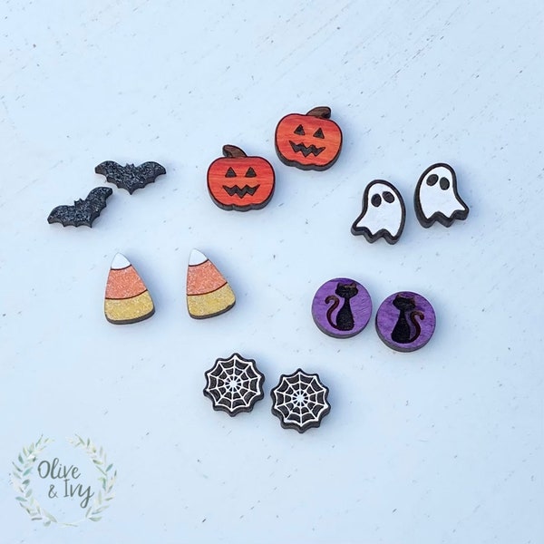 Halloween Earrings, Pumpkin Bat Black Cat Spiderweb Candy Corn Ghost Earrings, Pumpkin Wood Studs, Small Fall Earrings, Halloween Studs