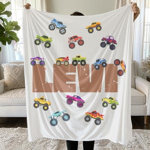 Custom Monster Truck Blanket, Personalized Kids Blanket, Soft Kids Throw, Baby Name Blanket, Monster Trucks Boy Gift, Boy Name Blanket