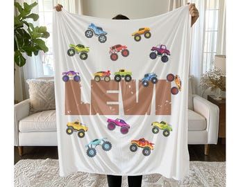 Custom Monster Truck Blanket, Personalized Kids Blanket, Soft Kids Throw, Baby Name Blanket, Monster Trucks Boy Gift, Boy Name Blanket