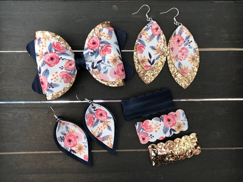 Large Double Layered Bow Mommy and Me Set Large Pink Navy Snap Clip Set Gold Floral Collection Floral Earrings