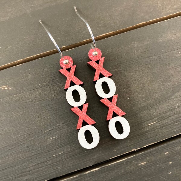 Valentine’s Day Earrings, Small XO Earrings, Hugs and Kisses Earring, Wood Earrings, Valentines Glitter Earrings, Red White Earrings