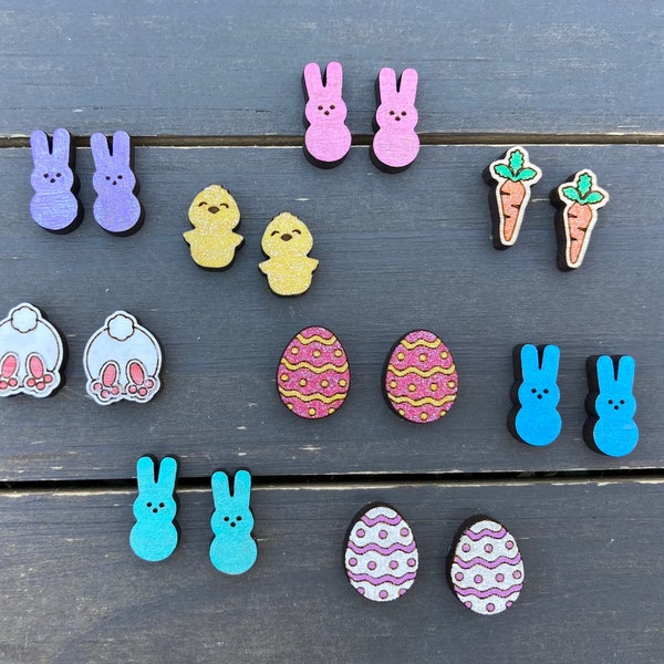 Easter Stud Earrings, Small Bunny Earring, Chick Stud Earring, Wood Stud Earrings, Easter Studs, Carrot Wood Studs, Easter Egg Earring