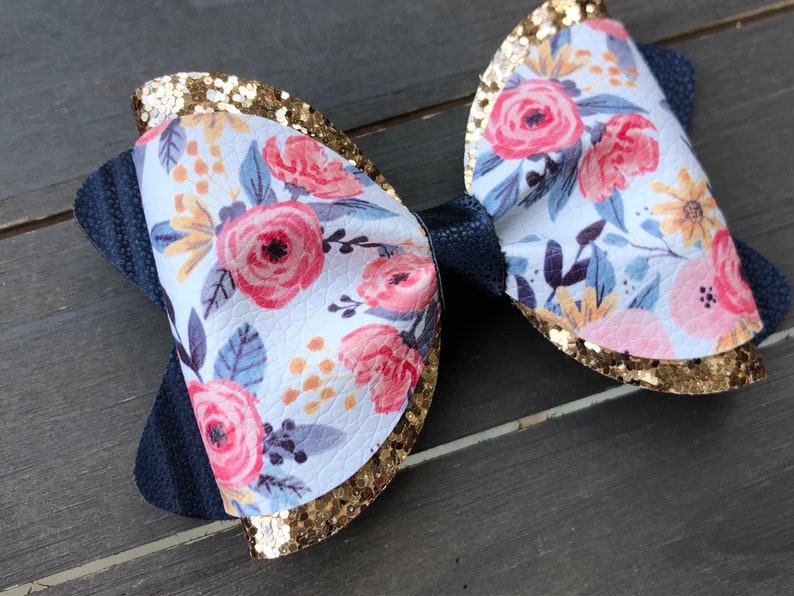 Large Double Layered Bow Mommy and Me Set Large Pink Navy Snap Clip Set Gold Floral Collection Floral Earrings