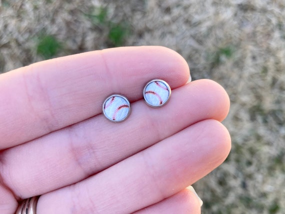 Tiny Baseball Stud Earrings, Small Baseball Earrings, 6mm Ball